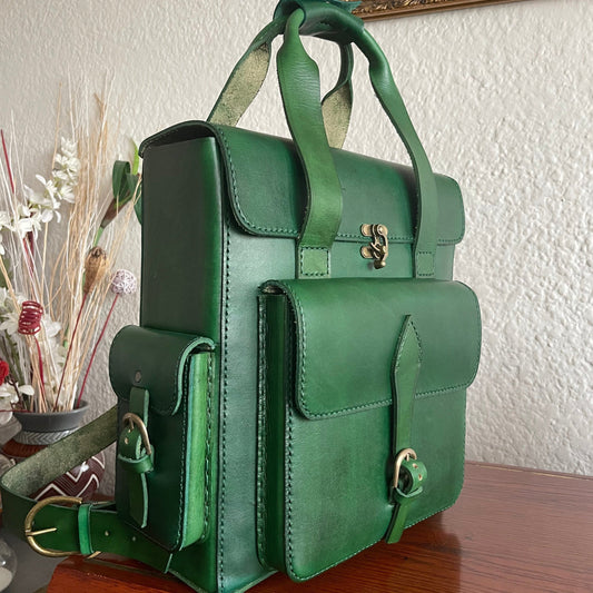 Large green hand saddle stitched genuine leather backpack