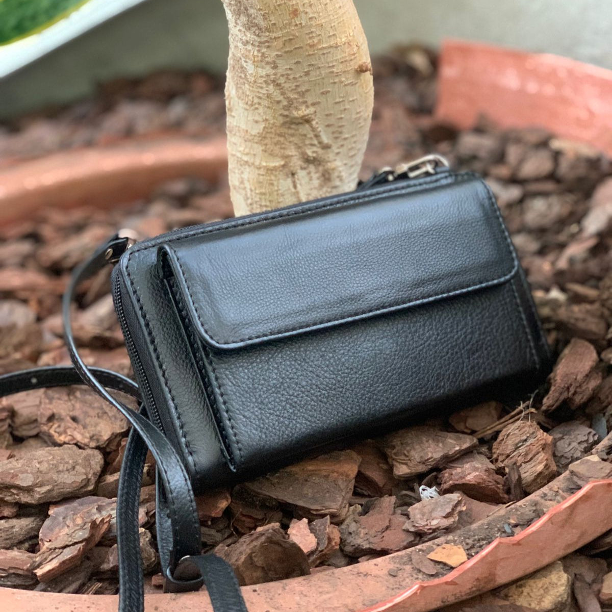 Genuine leather black wallet with phone compartment