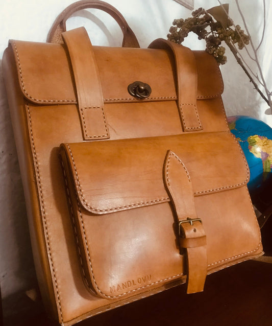 Genuine leather brown backpack handstitched