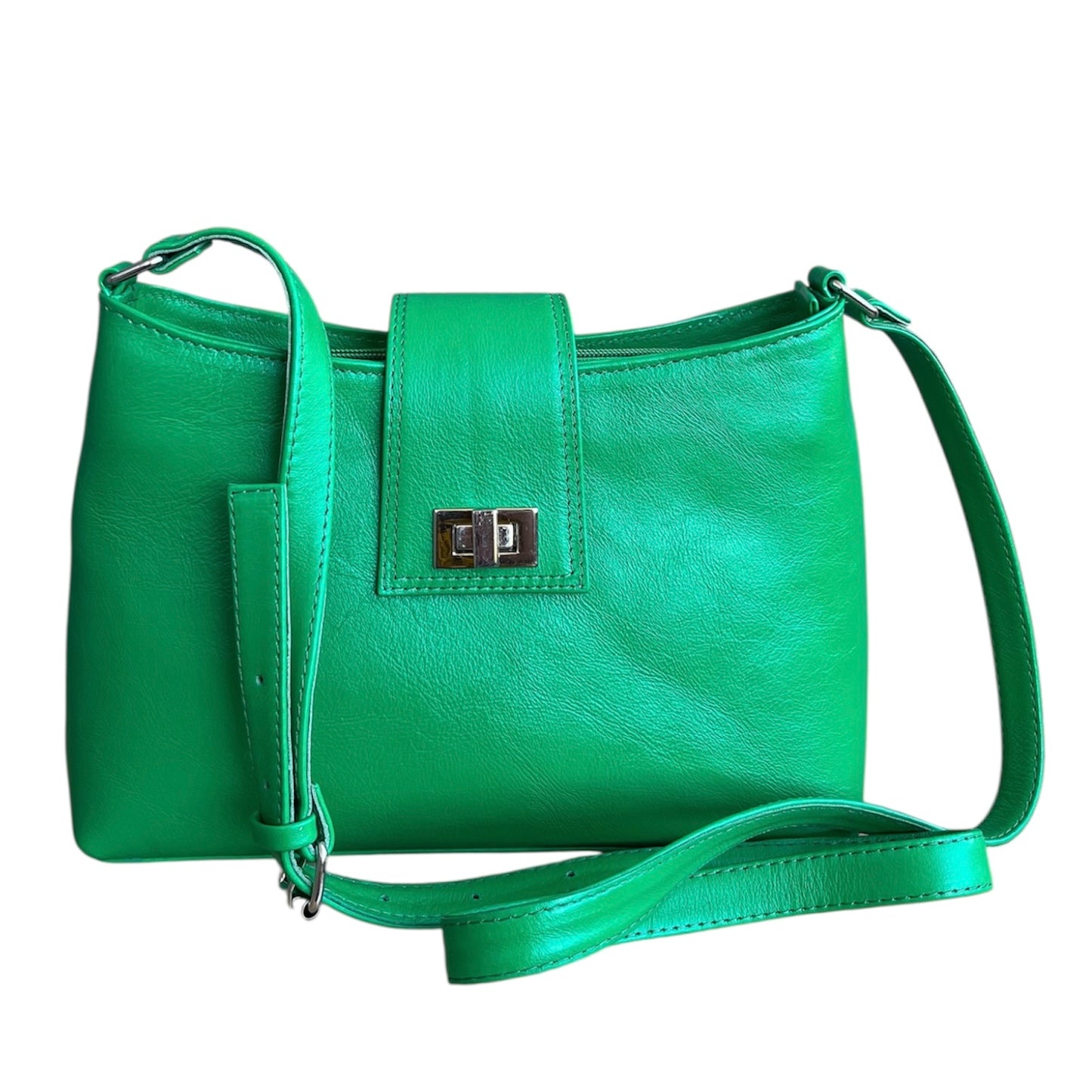 Green handbag with a strap on a white background