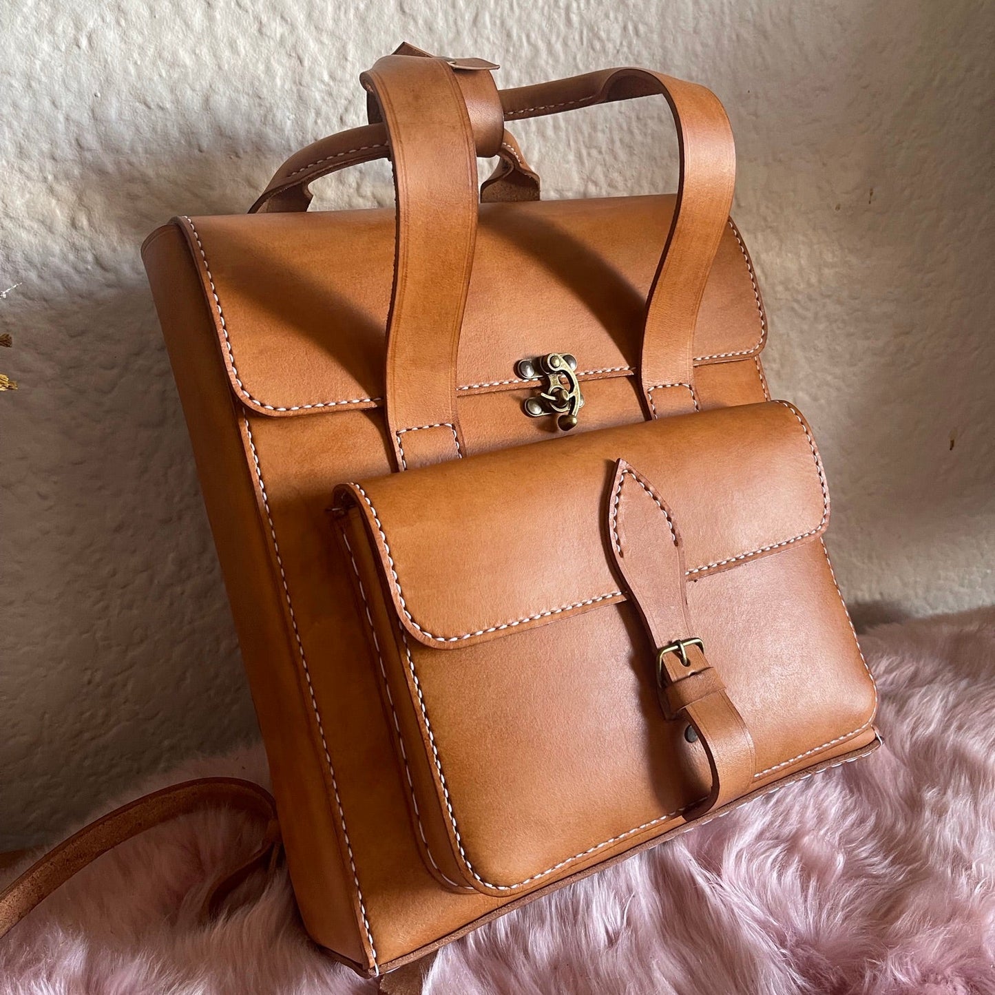 genuine leather hand stitched backpack