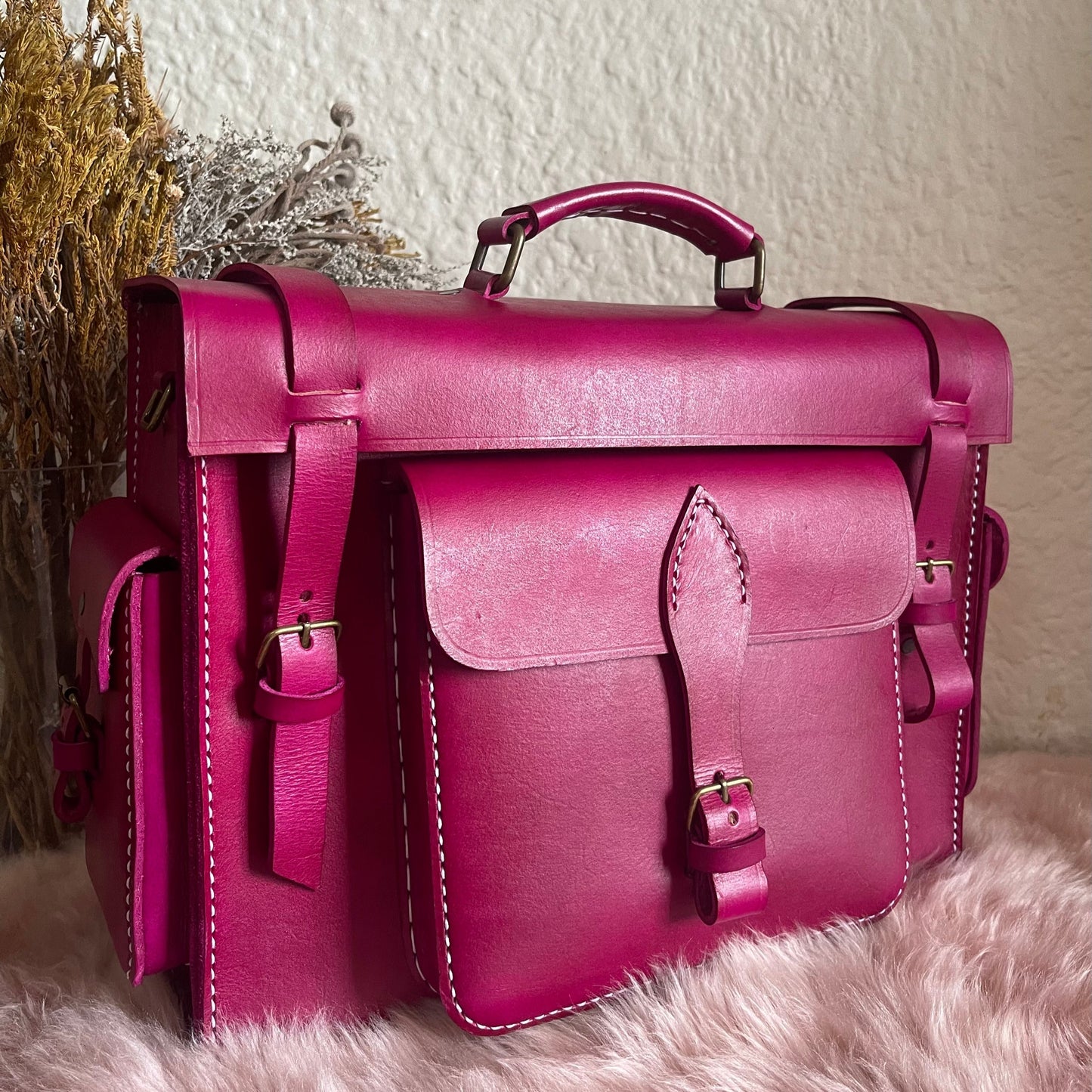 Pink Genuine leather laptop or documents bag with outside pockets