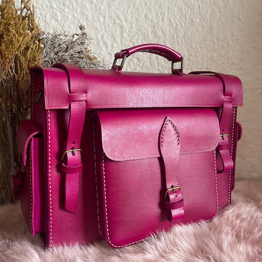 Pink Genuine leather laptop or documents bag with outside pockets