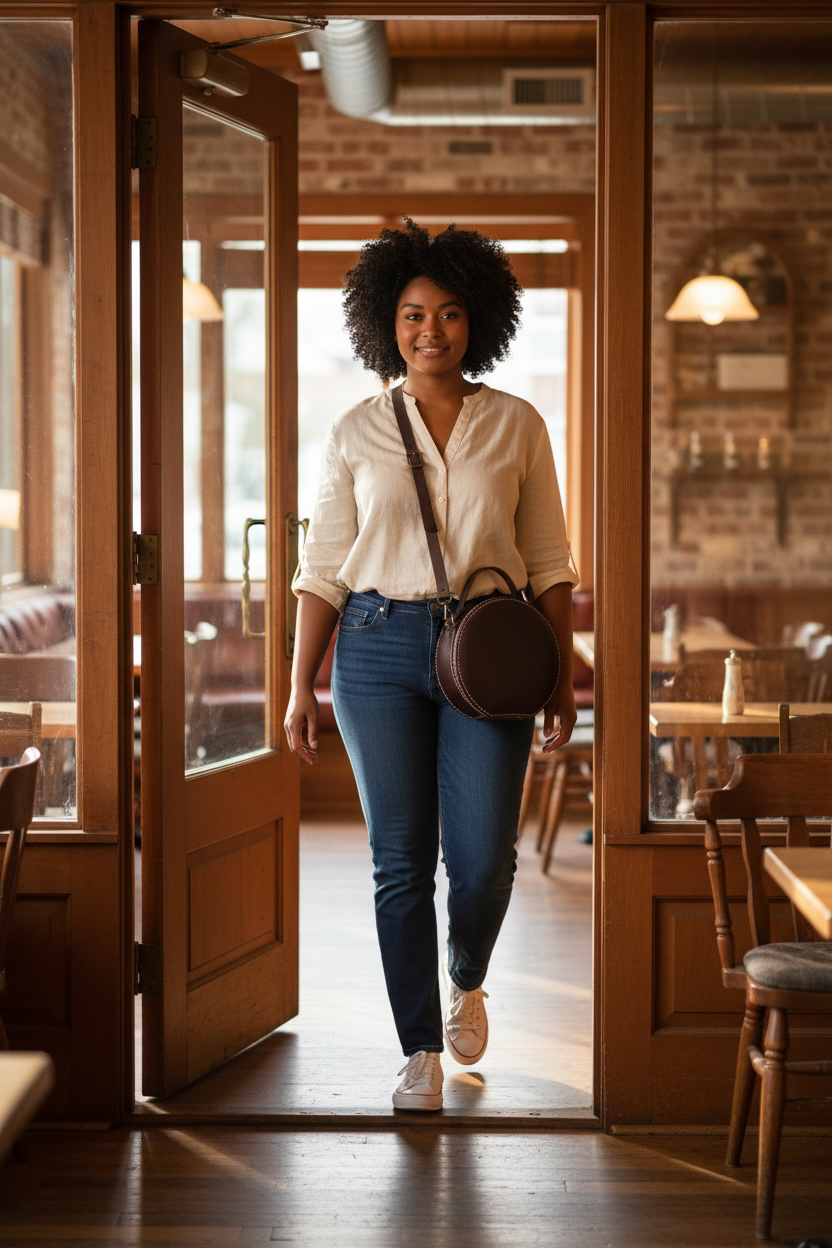 A woman with an afro walks through a wooden doorway in a warm, rustic cafe, wearing a cream button-down shirt, blue jeans, and a dark brown round crossbody bag.