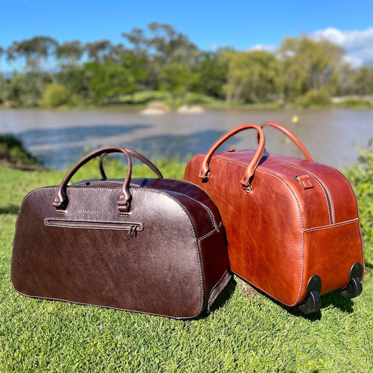 Brown and oak colour trolley genuine leather bags