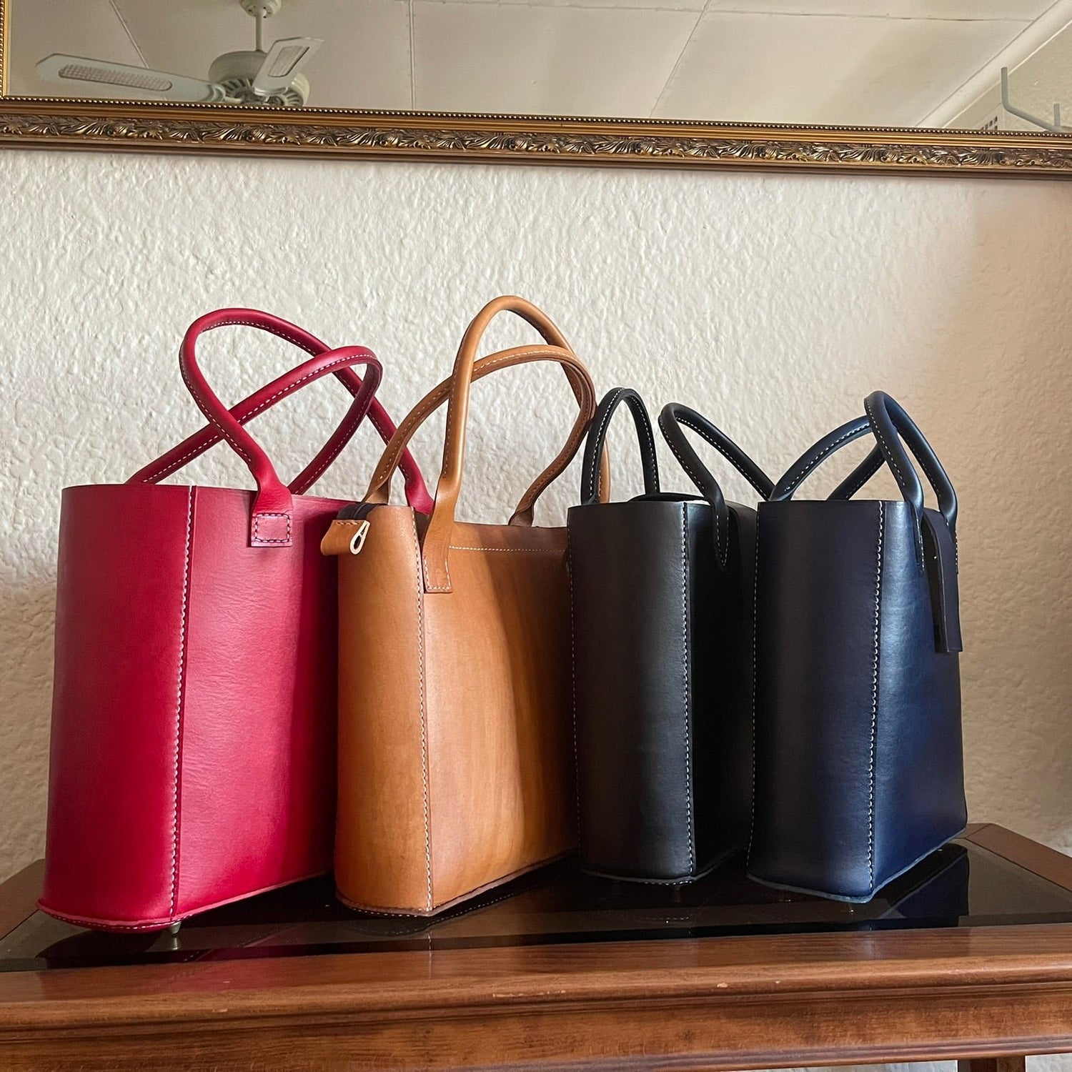 4 genuine leather large tote bags, red, tan black and blue