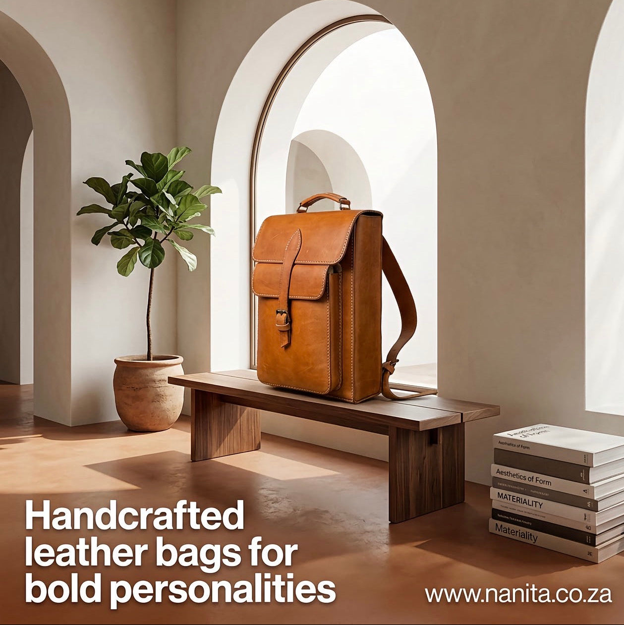 Brown leather bag on a wooden bench with a plant and books in a bright room.