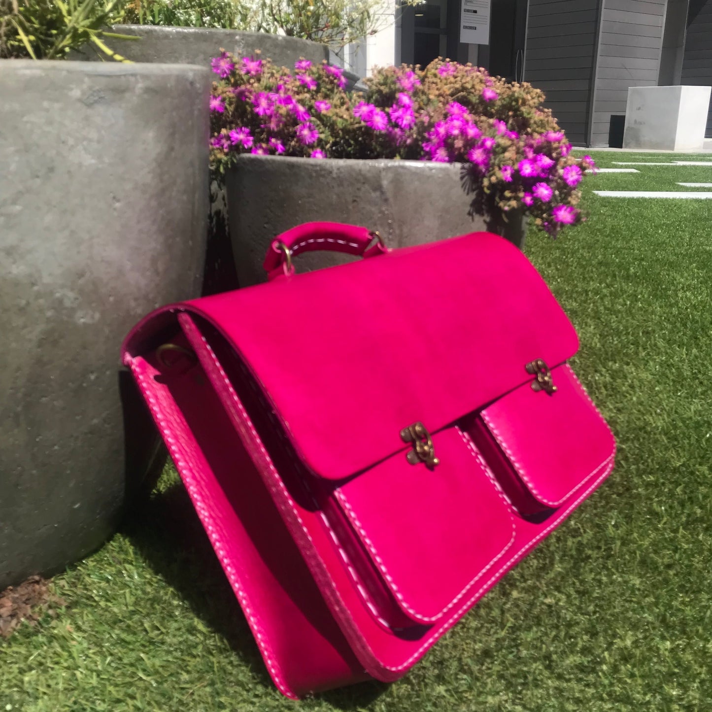 Pink Genuine leather handstitched laptop bag 