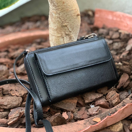 Genuine leather black wallet with phone compartment