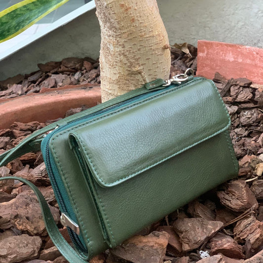Genuine leather green wallet with phone compartment
