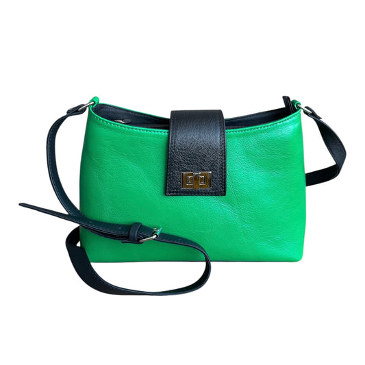Green handbag with black strap on a white background