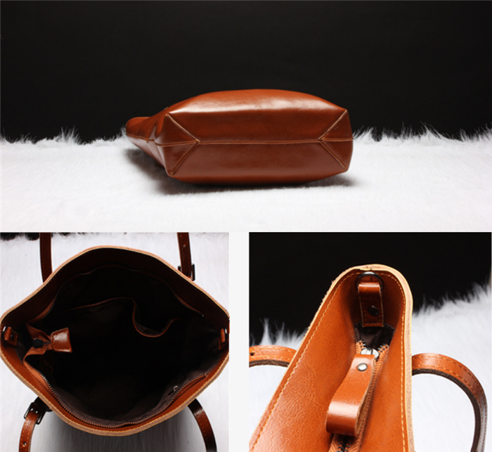 Brown leather bag shown from multiple angles on a white and black background