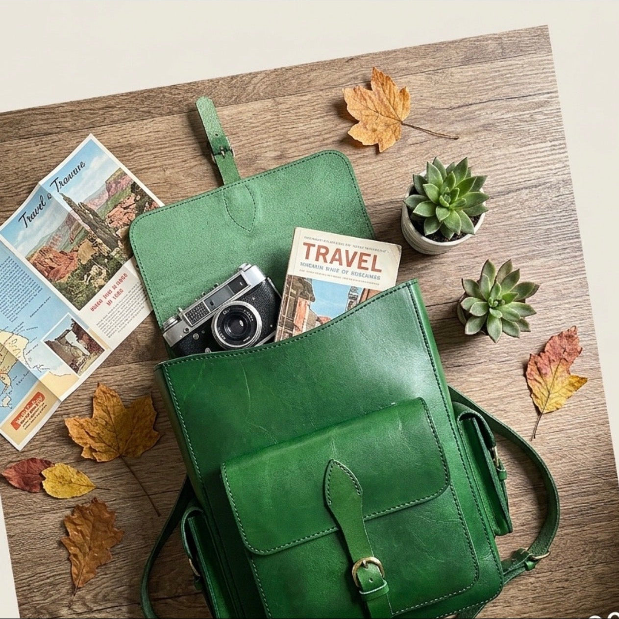 Green leather backpack with travel items on a wooden surface, surrounded by leaves and small plants.