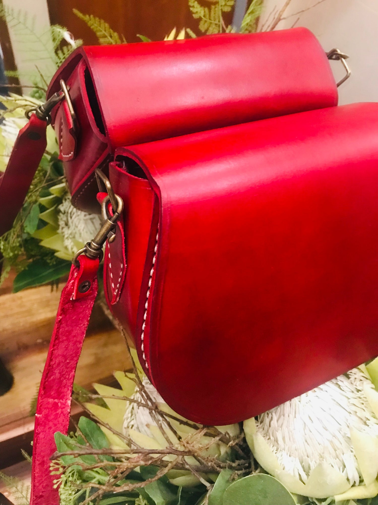 Red Genuine leather handstitched handbag